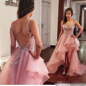 Dusty Pink High Low Prom Dresses Organza Expuesto Deshuesado Backless Vestido de noche Sexy por encargo Spaghetti Straps Cocktail Party Go297g