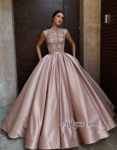 Dusty Pink High Neck Prom Dresses Kant Top Lange Mouwen Formele Avondjurken Vloer Lengte Afrikaanse Satijn Partij Toga Plus Size