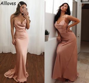 Vestidos largos de dama de honor de color rosa nude para mujer, tirantes finos de satén suave, vestidos de fiesta para invitados de boda con tren de barrido, vestido de dama de honor Aso Ebi de talla grande CL0975