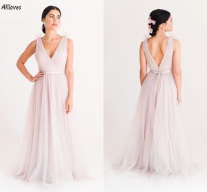 Robe de demoiselle d'honneur longue rose poussiéreux, en Tulle romantique, col en V, dos nu, plis, style Boho, robe de demoiselle d'honneur, ligne A, robe de soirée d'invité de mariage pour filles, groupe de sœurs, CL2934