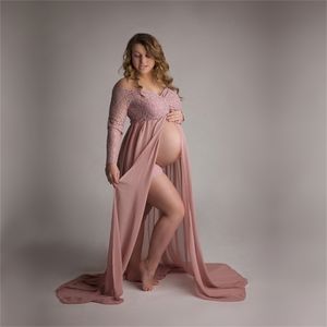 Robe de maternité longue en mousseline de soie rose poussiéreux Sweet Heart Lace es pour Po Shoot Slit Open Grossesse 210922