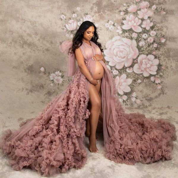 Robe de maternité rose poussiéreux pour séance Photo balayage Train maille Tulle robes de bal femmes Boho vestido de novia