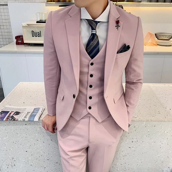 Dusty Pink Conjunto ultrafino para hombre, solapa con muesca en el pecho, vestido formal elegante para boda, conjunto de tres piezas, chaqueta, pantalón, camiseta sin mangas, personalización 231023