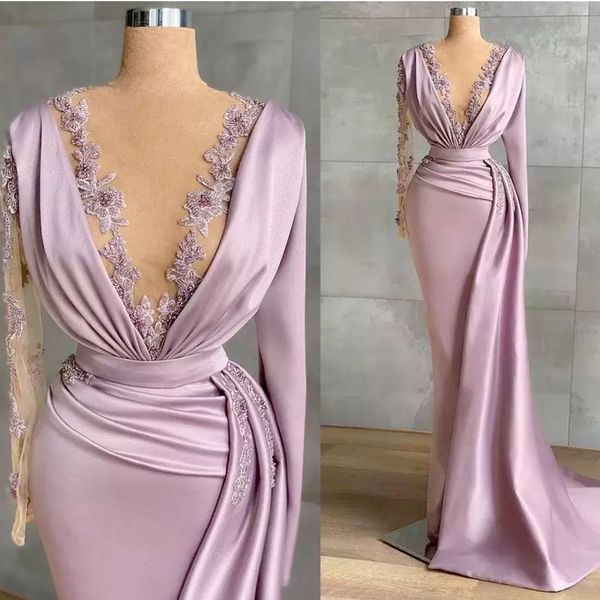 Robe de soirée sirène rose poussiéreux, perlée, manches longues, avec des Appliques en dentelle de dubaï, robes de bal, 328 328