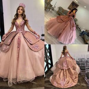 Robes De Quinceanera Princesse Rose Poussiéreux Avec Illusion Manches Longues Appliques De Paillettes En Or Rose Puffy Sweet 16 Pageant Dress Tiered Formal Evening Prom Gowns