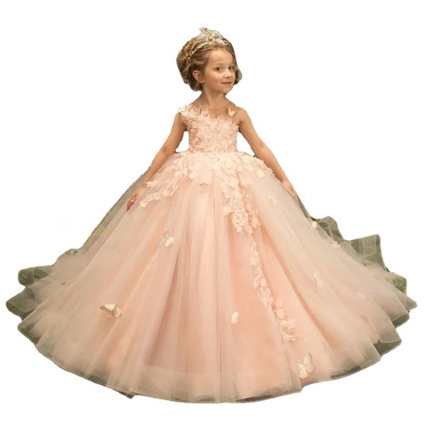 Dusty Pink Puff Ball Gown Vestidos de niña de las flores para el banquete de boda Flores 3D Princess Kids Ropa formal Vestidos de desfile para niñas pequeñas Vestido de primera comunión para niños pequeños