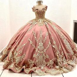 Robes de Quinceanera rose poussiéreux avec dentelle dorée appliquée sur l'épaule corset dos perlé tulle personnalisé doux princesse pageant robe de bal robes