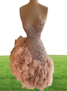Dusty Pink Ruffles vestidos cortos de cóctel Mini Vestido de fiesta con cuentas Halter encaje lentejuelas vestidos de fiesta Vestido de Novia9881496