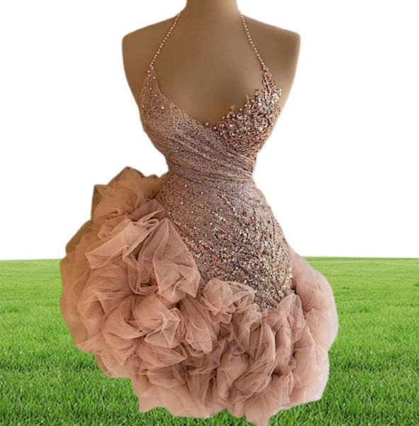 Robe de Cocktail courte à volants rose poussiéreux, Mini robe de bal, col licou, perles, paillettes, Robes de soirée, 3770064