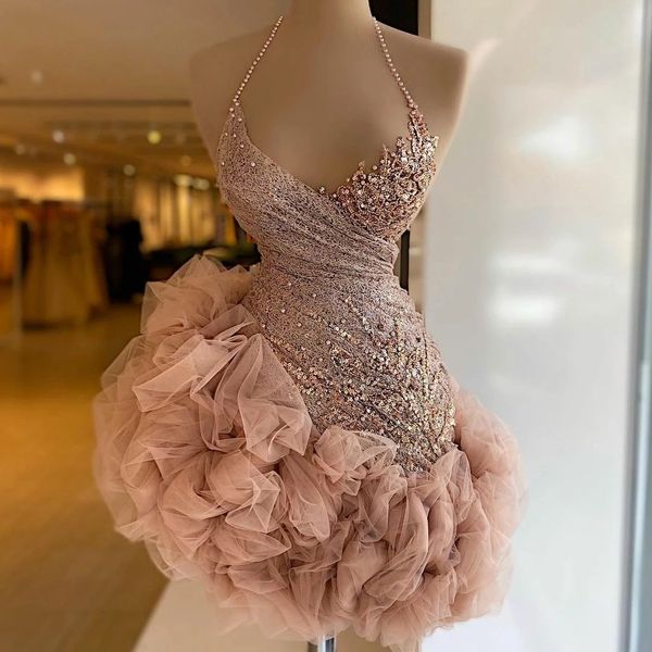 Vestidos de cóctel cortos con volantes de color rosa polvoriento, minivestido de fiesta con cuentas, vestidos de fiesta de lentejuelas de encaje con cuello Halter, vestidos de dama de honor junior