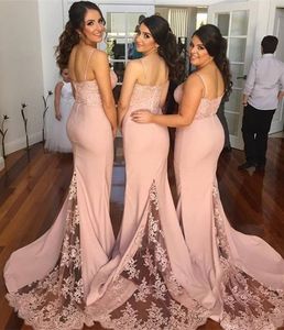 Dusty Pink Spaghetti Robes De Demoiselle D'honneur Pour Le Mariage 2016 Dentelle Top Sirène Balayage Train Formelle Robes De Soirée Pour Les Femmes Sur Mesure