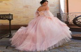 Robes De mariée rose poussiéreux princesse hors épaule manches bouffantes longs plis froncé Tulle une ligne robes De mariée robes De Noiva4257381