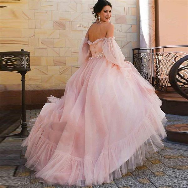 Vestidos De novia De color rosa polvoriento De princesa con hombros descubiertos, mangas abullonadas, pliegues largos, tul fruncido, línea A, Vestidos De novia, Vestidos De Noiva241S