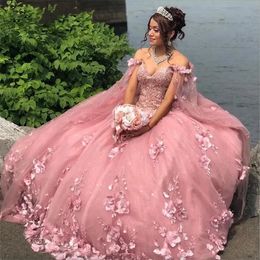 Dusty Rose 2023 Quinceanera -jurken Handgemaakte bloemen Lant Applique kralen vloerlengte Tule op maat gemaakt zoet 15 16 Princess Pageant baljurk Vestidos