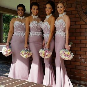 Dusty Rose Bruidsmeisjesjurken Zeemeermin Halter Geappliceerd Kant met Riem Bruidsmeisje Elastisch Satijn Bruidsjurken voor Afrikaanse Zwarte Vrouwen Meisjes Huwelijk BR084