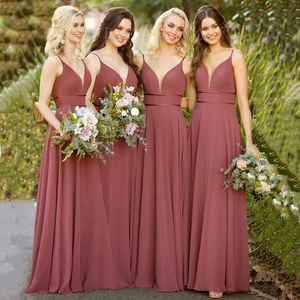 Dusty Rose Long Bridesmaid Dresses for Wedding Spaghetti V Neck Sweep Train Chiffon Maid of Honor Dress Evening Gowns