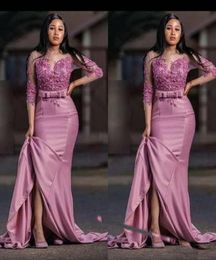 Dusty Rose Saudi Arabic Mermaid Vestidos de noche Cuello 34 Mangas largas Madre de la novia Party Party Prom Weat Bust Size7942008