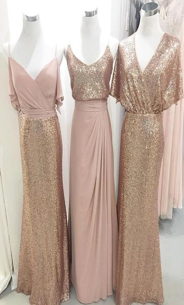 Robes de demoiselle d'honneur à paillettes roses poussiéreuses, col en V, en mousseline de soie, longues bretelles plissées, dos ouvert, robe de soirée de mariage, robes de soirée Plus7483323