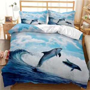 Couverture de couette 3pcs set de mode, océan blue ciel blanc nuage dolphin garçons filles super douce et confortable literie imprimée numérique couette pour chambre à coucher, chambre d'amis