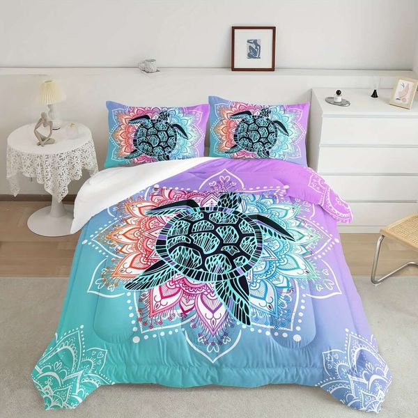 Couverture de couette 3pcs Ensemble de polyester de mode moderne (1 * couette + 2 * taie d'oreiller, sans noyau), ensemble de literie à imprimé de tortue coloré Mandala, doux confortable et adapté à la peau