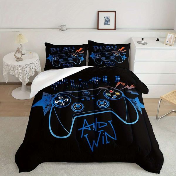 Couverture de couette 3PCS LITSION LETERIE BLUE GRIP, GAMER SET, jeu de couette de jeu vidéo (couette et couvre-lit non feuille)