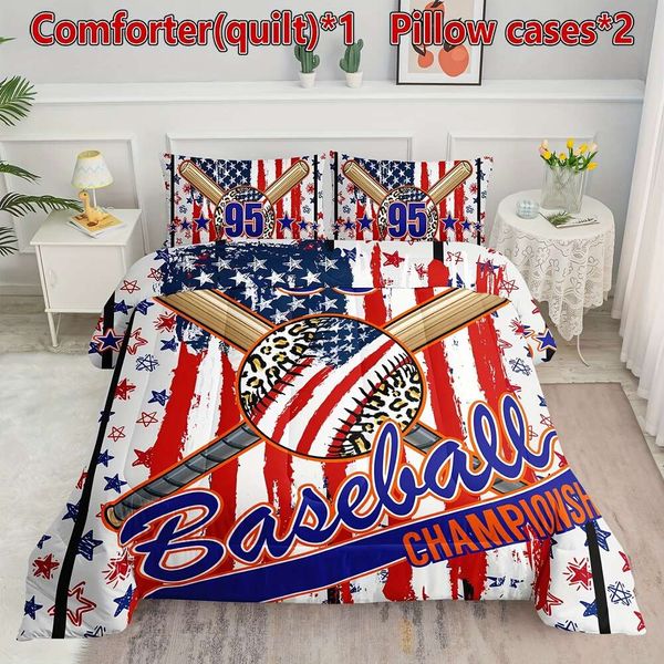 Couverture de couette American Flag Baseball pour garçons filles, couettes de baseball 3pcs dans des ensembles de literie avec 1 couette et 2 taies d'oreiller toute la saison