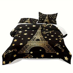 Couverture de couette queen size, Eiffel Tower Paris Liber, set en or noir, ensembles de chambres queen, décor paris pour la couette de literie de chambre