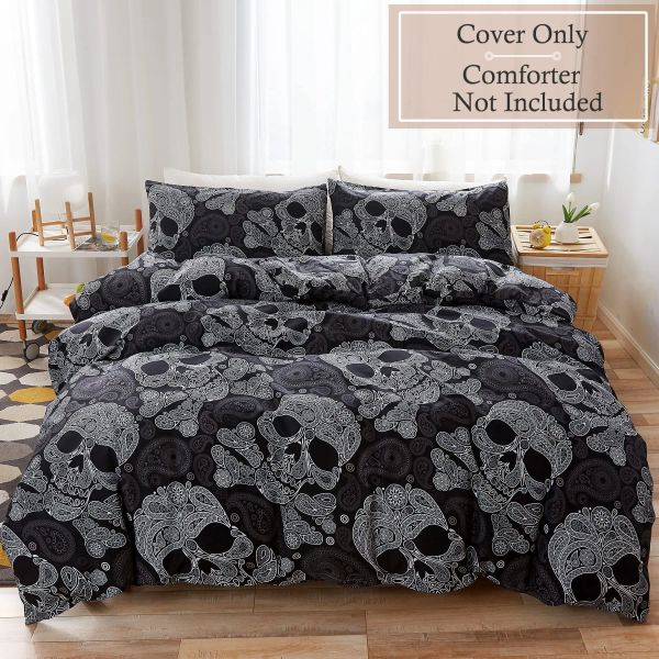 Ensemble de couverture de couette squelette de crâne noir / paisley floral gothique de luxe moule douce couvre-coquette de couette décor d'Halloween, queen size