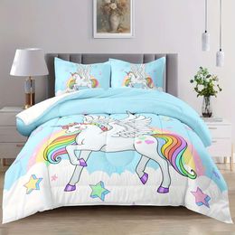 Vivet Cover Twin, unicornio Set Twin Size Blue Rainbow Bedding, Kawaii Bedding Twin Edocomporter Juego de ropa de cama lindas, decoraciones de unicornio para la habitación de las niñas