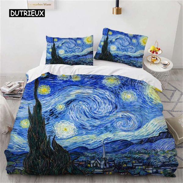 Edredón con pintura al óleo de Van Gogh para niños y adultos, juego de cama con paisaje de poliéster, cielo estrellado, funda de edredón artística, dormitorio