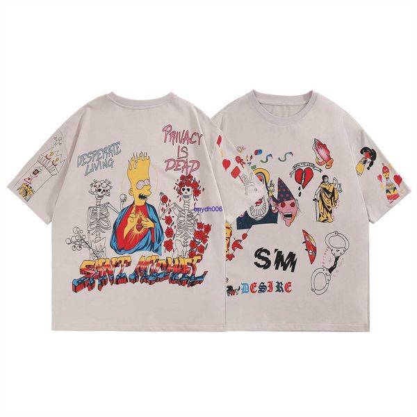 Dv9m T-shirts pour hommes Saint Michael Simpson peints à la main Graffiti imprimé col rond manches courtes American High Street Couple T-shirt ample pour hommes