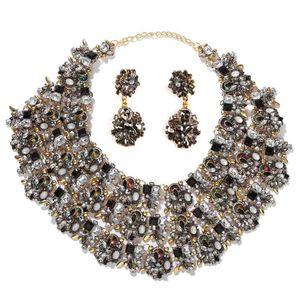 Dvacaman ensemble de bijoux en cristal de luxe pour femmes noir strass bavoir déclaration collier boucles d'oreilles mariage Banquet cadeau de mariée H1022