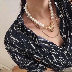 Dvacaman Vintage simulé perles chaîne collier ras du cou femmes couleur or métal coeur boucle déclaration collier en gros