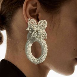 Dvacaman ZA-stijl witte kleur grote bloem kralen ovale daling voor vrouwen boho zaad kralen verklaring oorbellen hand sieraden