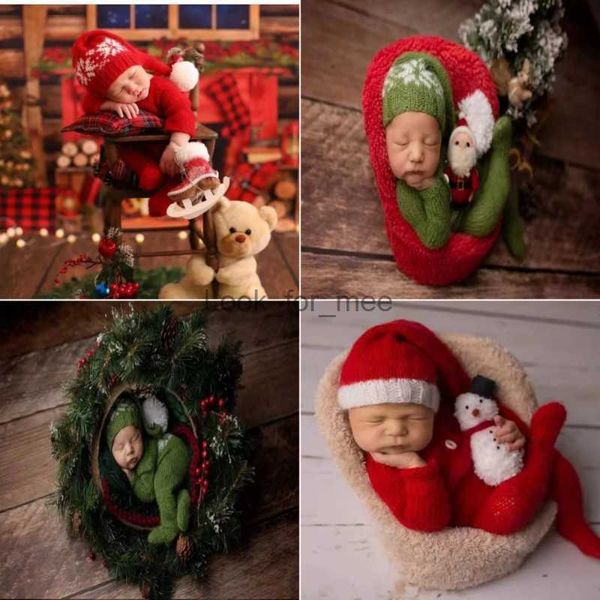 Dvotinst nouveau-né bébé photographie accessoires noël vert rouge père noël chapeau barboteuse 2 pièces tenues ensemble Studio tir accessoires Photo HKD230823