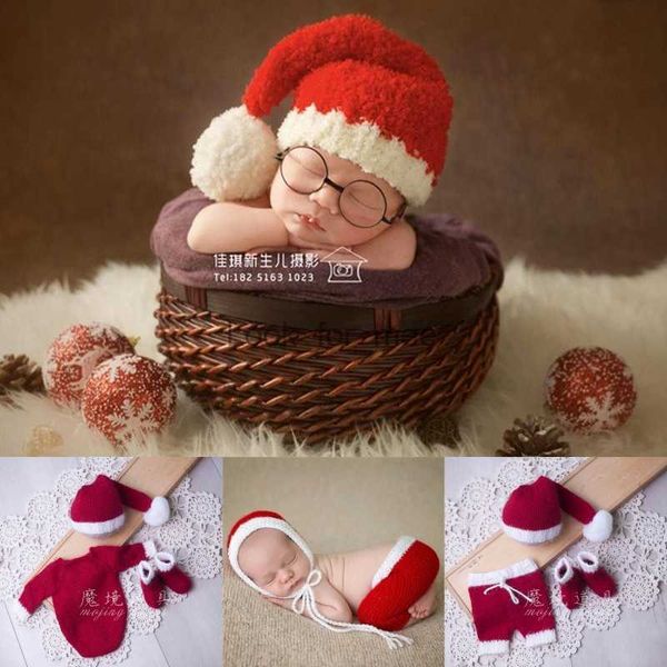 Dvotinst nouveau-né bébé photographie accessoires rouge noël tricoté tenue ensemble chapeau barboteuse pantalon chaussettes Santa Studio tir Photo Prop HKD230823