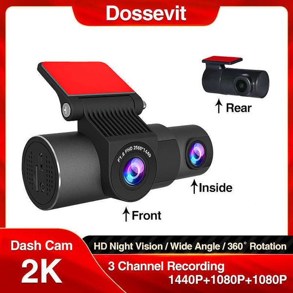 DVRs Dossevit 2K Wifi voiture DVR 1440P grand Angle 3 lentilles caméra de tableau de bord Vision nocturne 24H enregistreur de surveillance de stationnementHKD230701