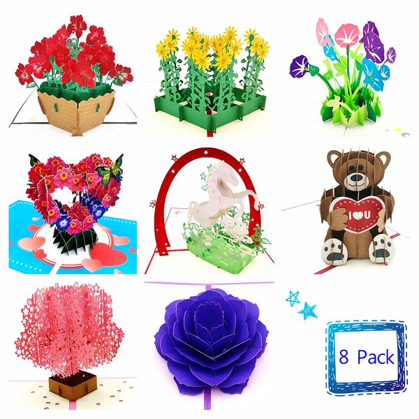 DWWTKL Fleurs Pop Up Cartes Assortiment de Cartes-Cadeaux de Voeux pour Toutes les Occasions Félicitation Saint Valentin Anniversaire ou Mariage Paquet de 8 Femmes