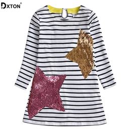 Dxton Katoenen jurk voor meisjes streep lange mouw kinderen jurken winter en herfst peuter vestidos sequin kinderen meisjes kleding 211027