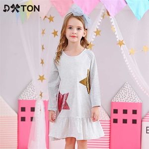 DXTON Katoenen jurk voor meisjes streep lange mouw kinderen jurken winter en herfst peuter vestidos sequin kinderkleding 211231