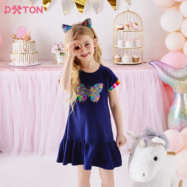 DXTON, vestidos de verano para niñas, vestido de lentejuelas para niños, vestido de manga arcoíris de mariposa para niños, disfraces informales de algodón para niñas pequeñas