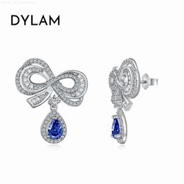 Dylam Alluring S925 Silver Rhodium plaqué 5A Zirconia Diamond Moissanite Gemone Gemme Ruby Sapphire Bowknot Boucles d'oreilles