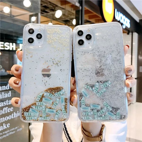 Coque de téléphone à paillettes dynamiques, liquide, sable mouvant, Dollar américain, argent, pour iphone 15, 14, 13, 12, 11 Pro Max, 14, 15 Plus