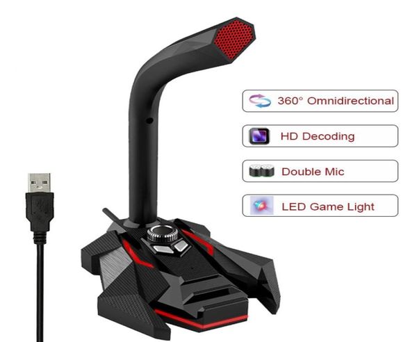 Microphone filaire dynamique USB Studio Gaming 360 Microphone omnidirectionnel pour ordinateur de bureau professionnel double micro LED1512012