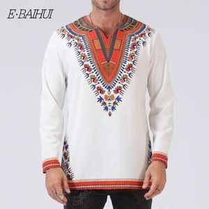 E-Baihui 2021 Afrika Shirts Mannen Kleding Lente Sociaal Shirt Afrikaanse Tranditional Print V-hals Casual Shirt Heren Slanke Fit Lange Mouwen Top T-FZ