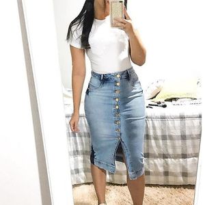 E-BAIHUI Nueva Primavera Verano Falda de mezclilla Lady Hip Slit-Skirt Jeans Faldas Mujeres Step Denimed Vestido corto Delgado Mujer Cintura alta Long Skinny denim L433