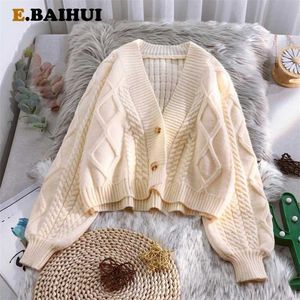 E-Baihui Vintage Short Cardigan Gebreide Trui Dames Herfst Winter Lange Mouw Solid Sweaters Jas Jassen 211011