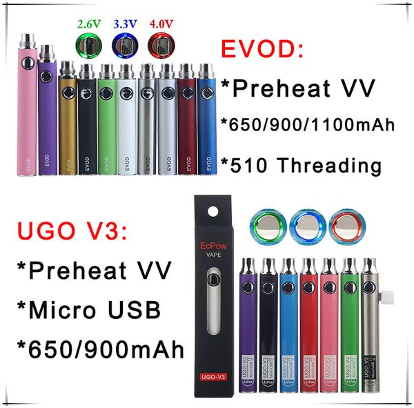 E Cigarette 510 Thread VV EVOD UGO V3 Vape Pen Préchauffage de la batterie 1100 Tension variable réglable avec chargeurs USB pour cartouche de vaporisateur d'huile Wax Dab