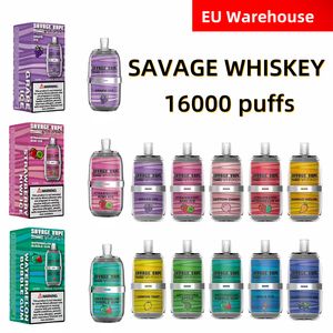 E Cigarette Disposable Vape Savage Whisky 16000 Puffs EU Entrepôt 10 saveurs 26ml 5% 650mAh Mesh Coil 6 Colors LGB Light Type-C POCO RECHARGable VS Bang Vape 15K Puff