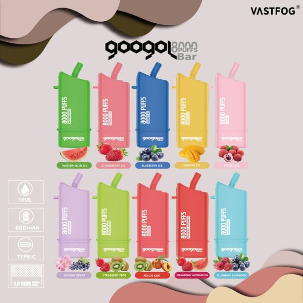 E Cigarette Googol Bar 8000 Puff Vape Pen Vastfog 16 ml Prérempli Vapes aromatisées bouffée jetable 9000 9k 600mAh Batterie rechargeable Savage max cup 8k